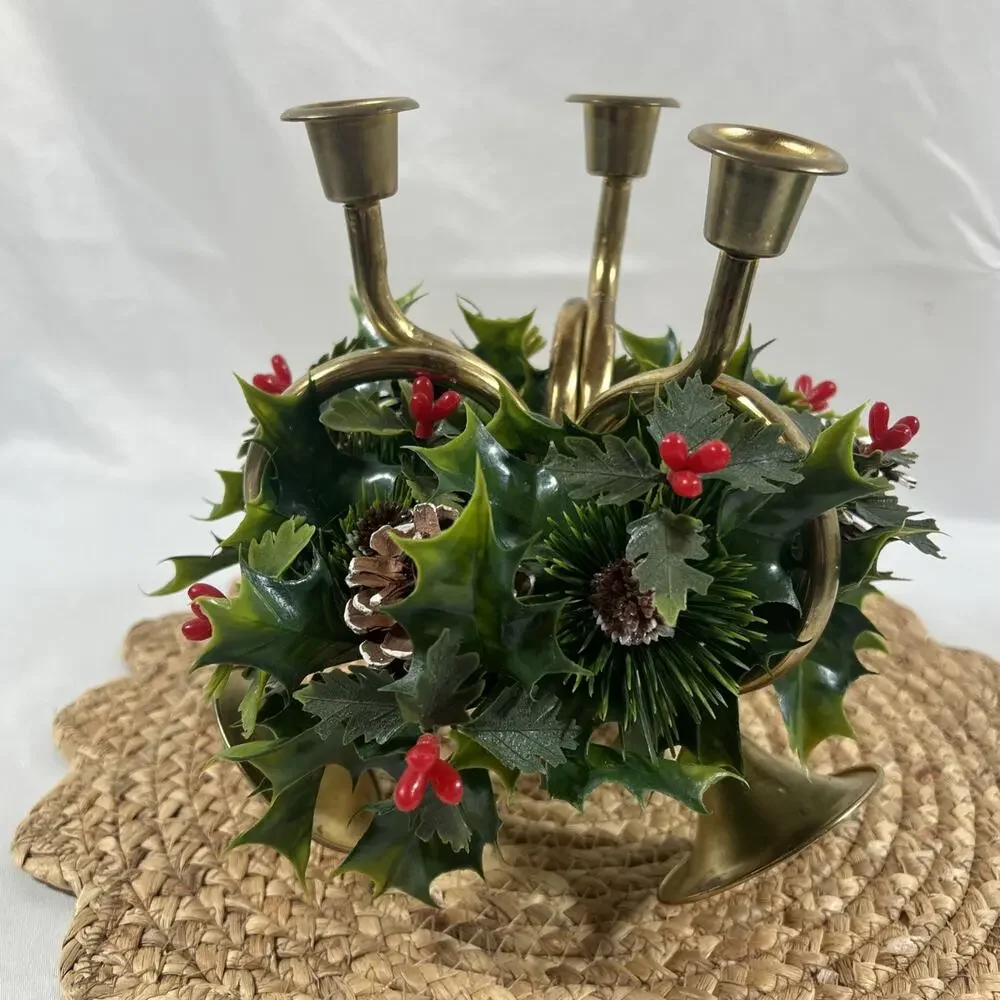 Vintage Brass Horn Trio w/ Candle Ring Holly Christmas for Taper Candlesticks